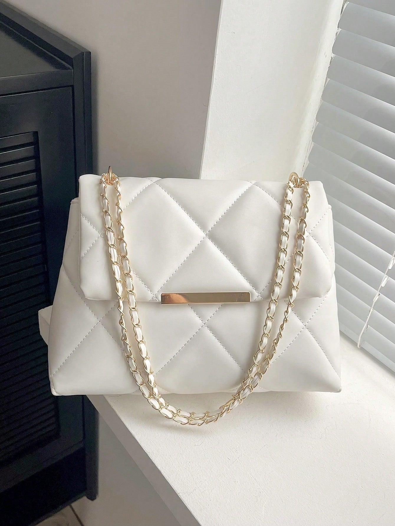 Quilted Pattern Flap Square Bag Metal Decor Chain