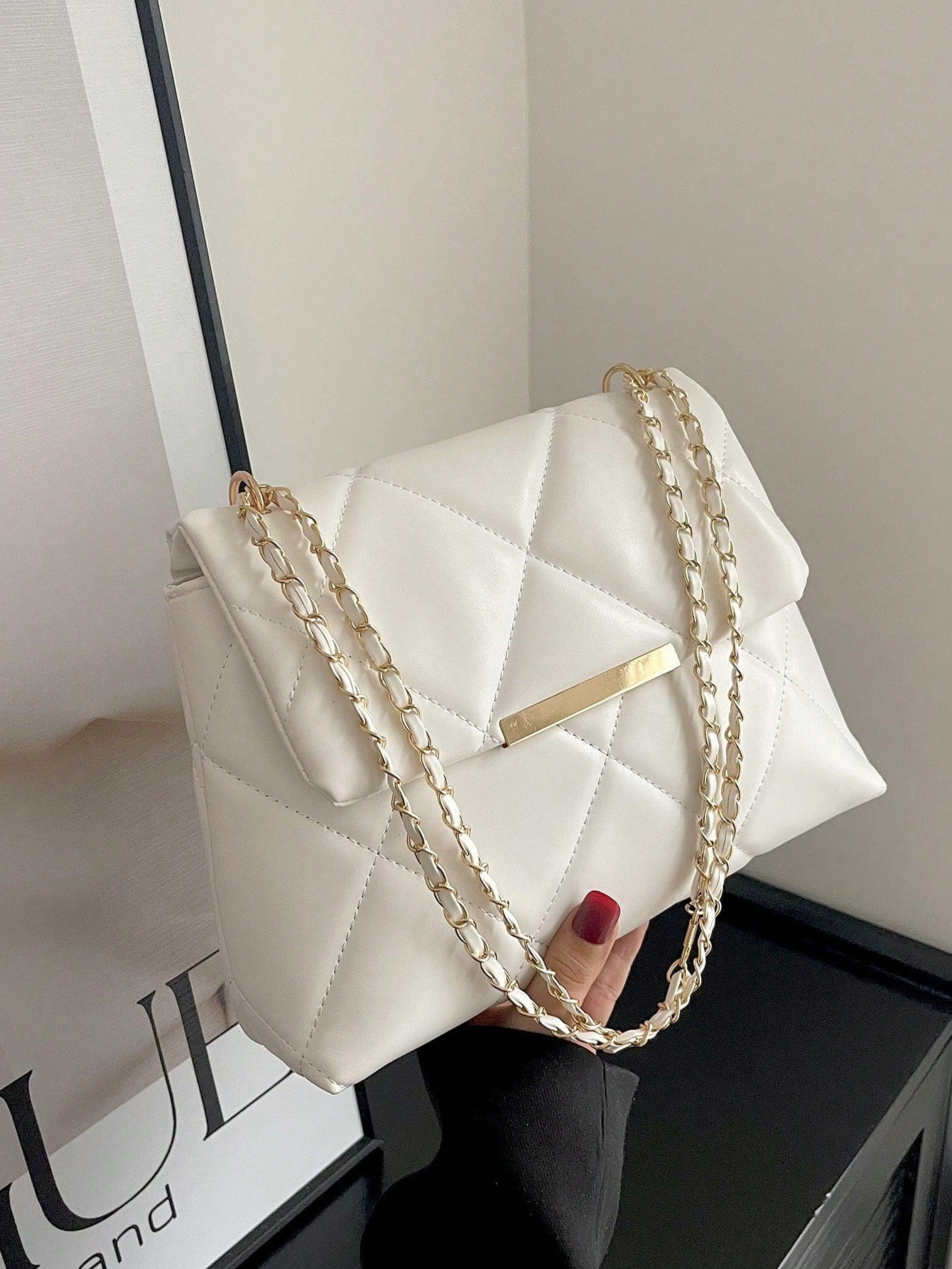Quilted Pattern Flap Square Bag Metal Decor Chain