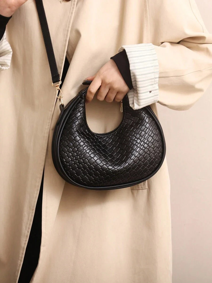 1pc Zipper Closure Solid Color Pu Woven Women's Handbag, Vintage Style Crescent Shape Shoulder Bag, Suitable For Dating, Daily Or Gift