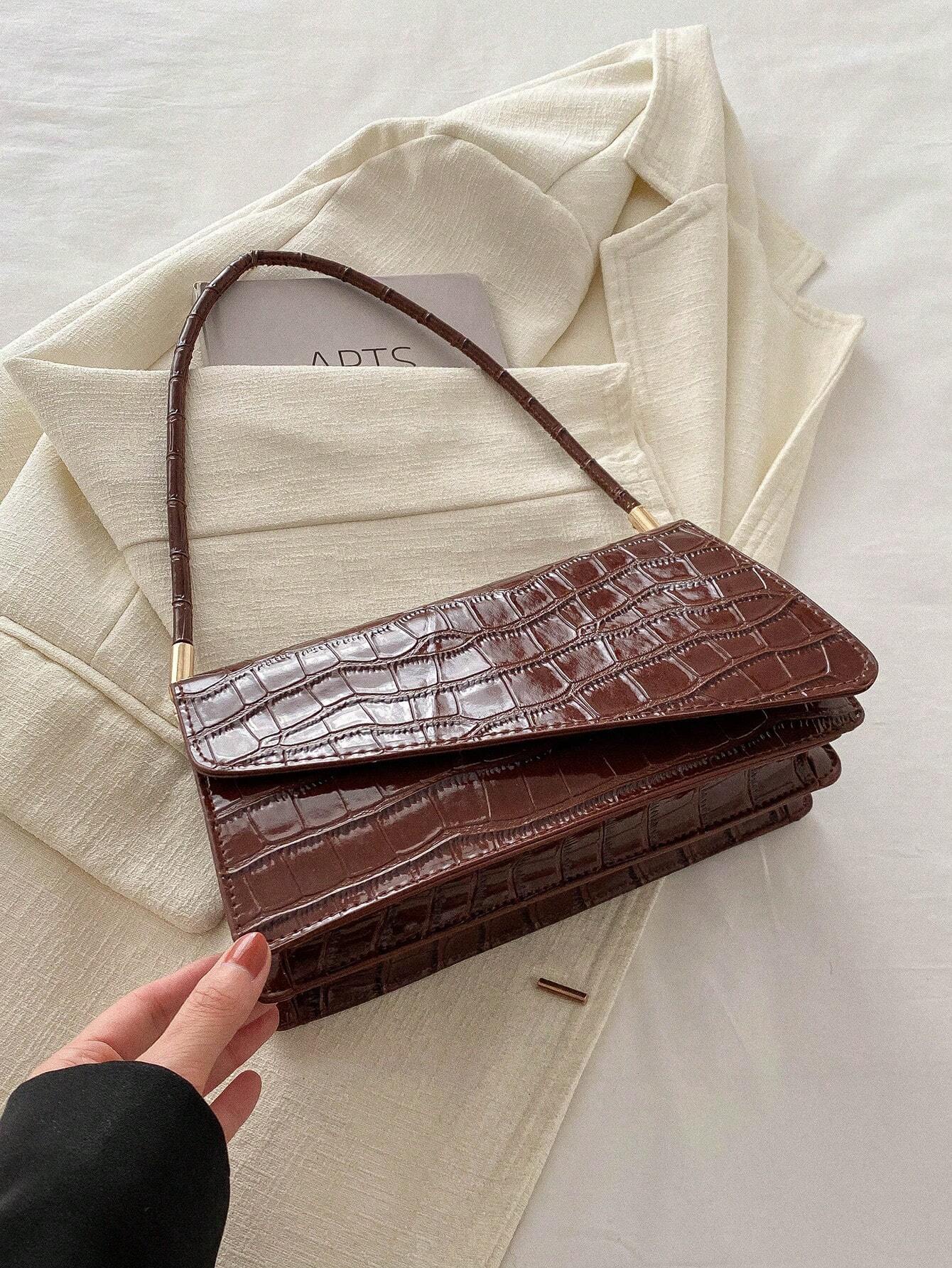 Fashionable Versatile Solid Color Crocodile Pattern Women's Shoulder Bag