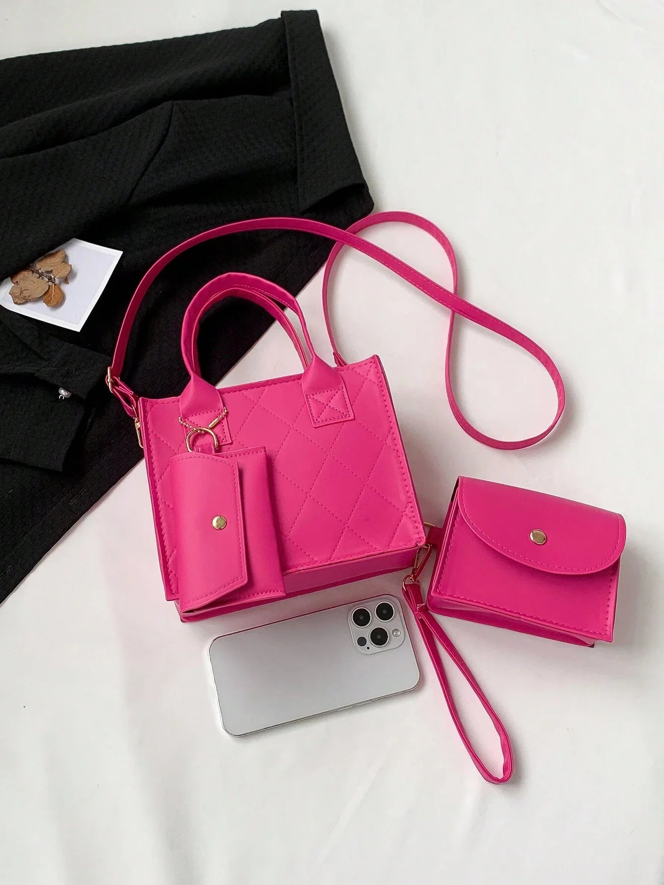 3pcs Set: Mini Solid Color Argyle Embossed Square Bags, PU Leather Dual Handle Adjustable Shoulder Strap Crossbody Bag, Wristlet Pouch, Zipper Wallet, Fashion Women Multi-Purpose Daily/School/Work Bag