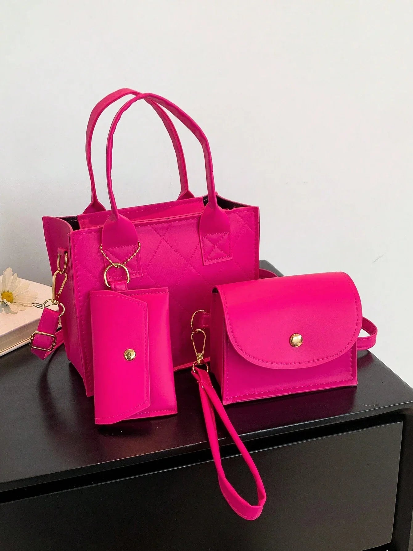 3pcs Set: Mini Solid Color Argyle Embossed Square Bags, PU Leather Dual Handle Adjustable Shoulder Strap Crossbody Bag, Wristlet Pouch, Zipper Wallet, Fashion Women Multi-Purpose Daily/School/Work Bag