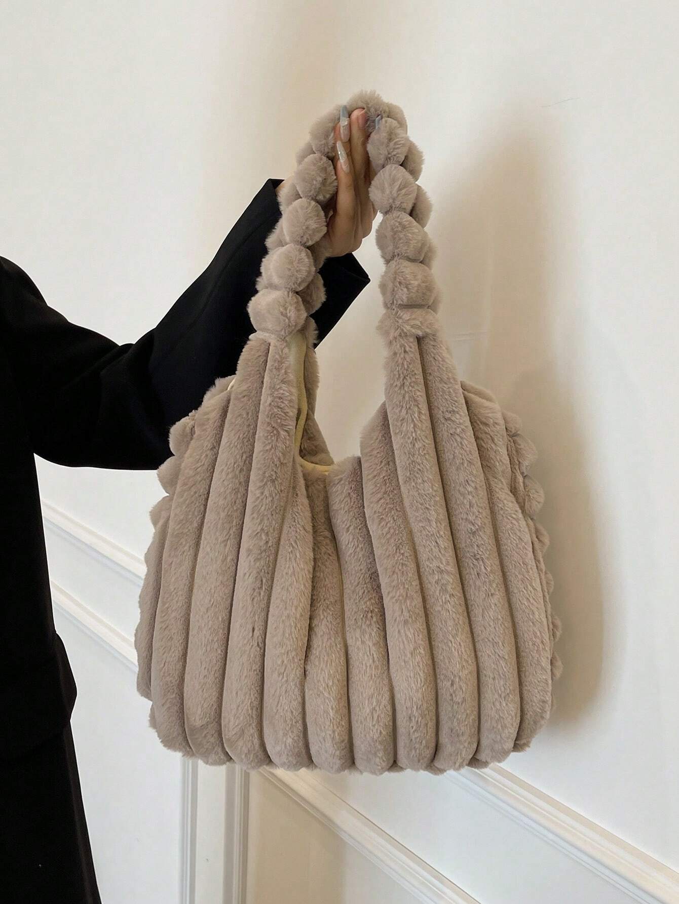 1pc Plush Large Capacity Shoulder Tote Bag, Minimalist Design, Suitable For Women Daily Use, Shopping, Dating, As Gift