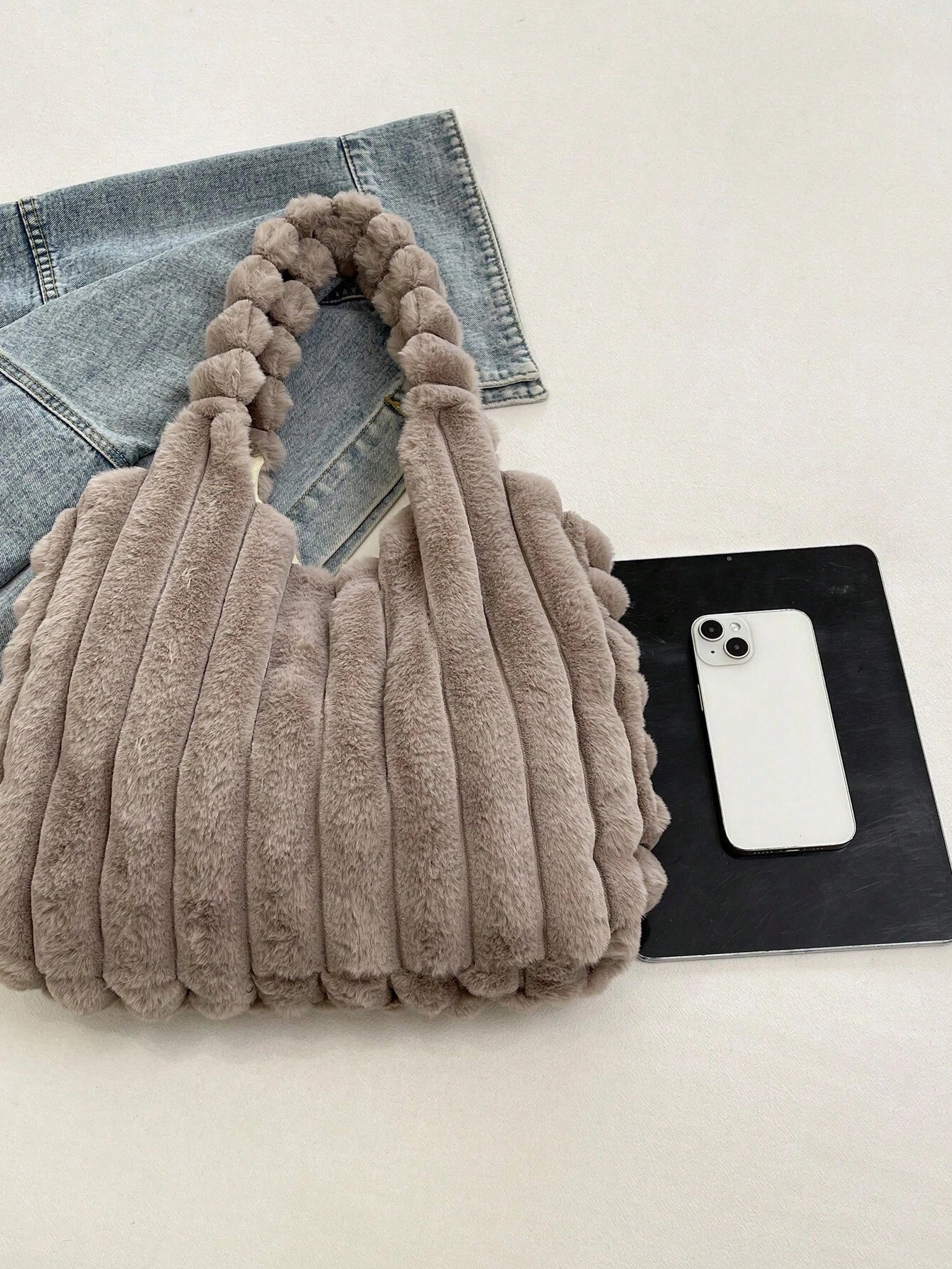 1pc Plush Large Capacity Shoulder Tote Bag, Minimalist Design, Suitable For Women Daily Use, Shopping, Dating, As Gift