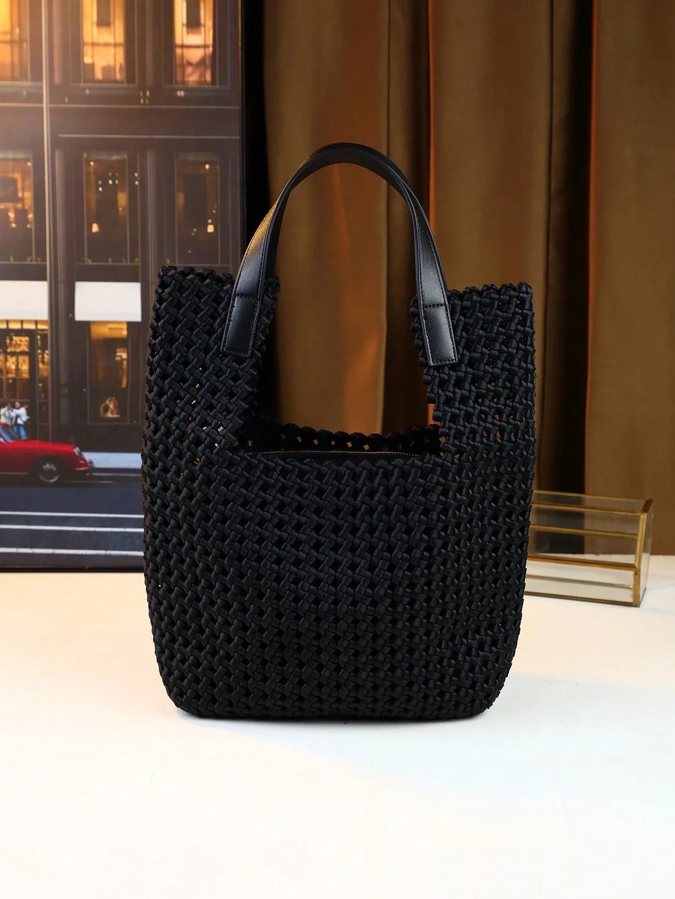 High-End Woven Shoulder Bag, Designer Large Capacity Tote Bag With Letter Design, Hollow Basket Style Handbag For Fashionable Commuting And Travel