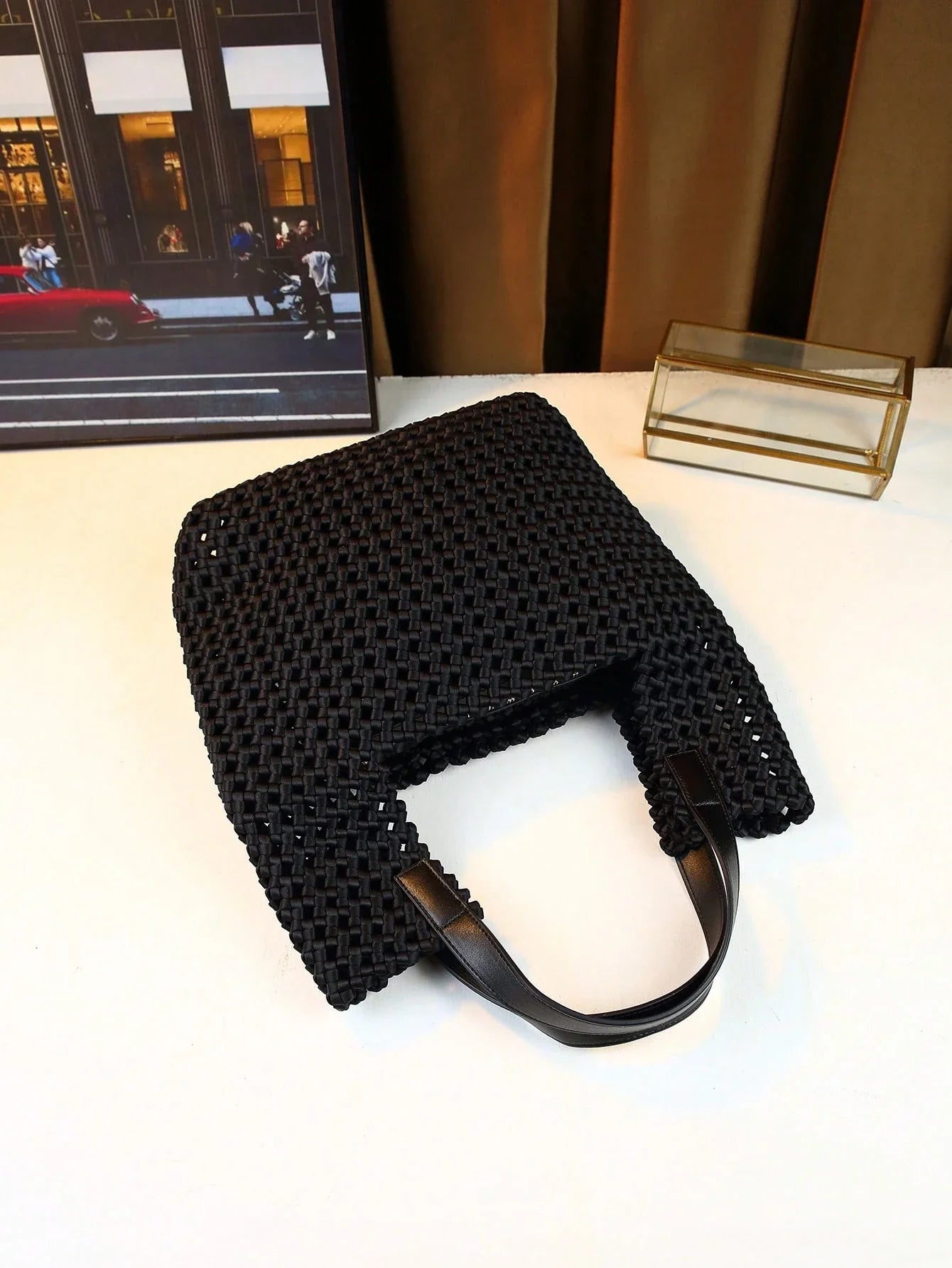 High-End Woven Shoulder Bag, Designer Large Capacity Tote Bag With Letter Design, Hollow Basket Style Handbag For Fashionable Commuting And Travel