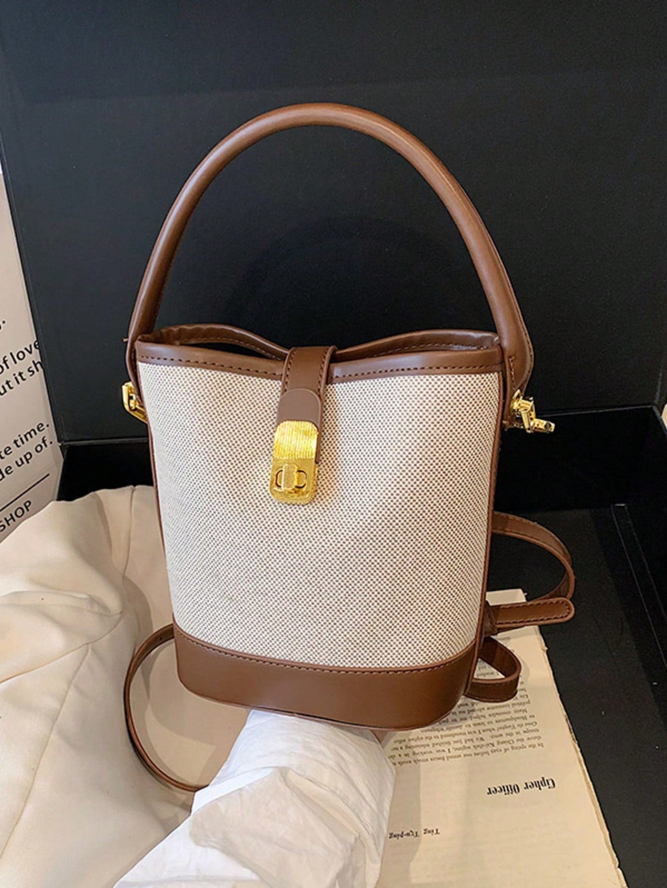 1pc Fashion Contrast Color Canvas Patchwork Bucket Bag With Adjustable Shoulder Strap