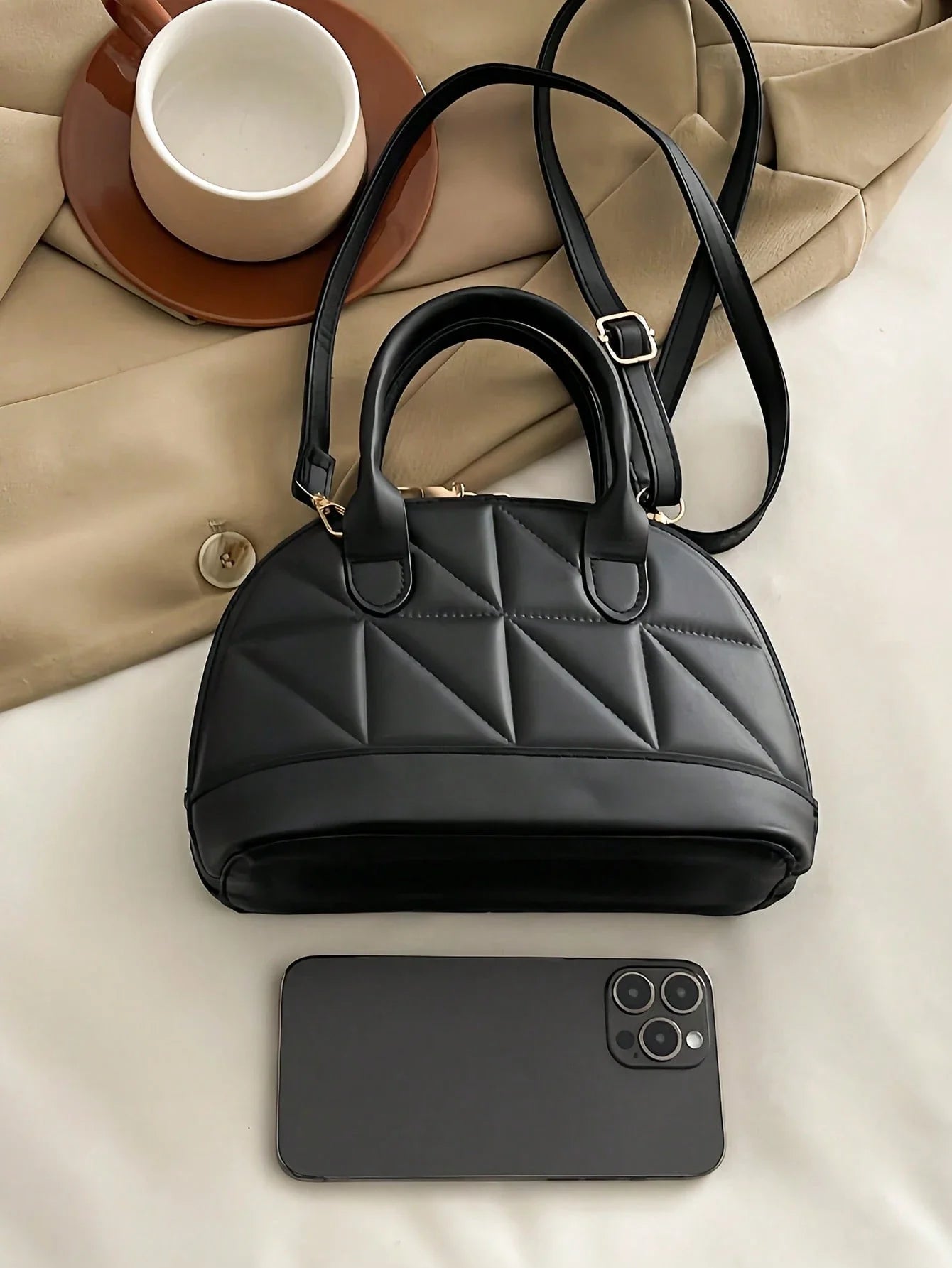 Classic Fashion Solid Color Quilted PU Leather Tote Bag, Women's Versatile Dome Top Handle Crossbody Bag, Simple Travel Vacation Handbag With Adjustable Shoulder Strap, Business Commuting Briefcase Shoulder Bags