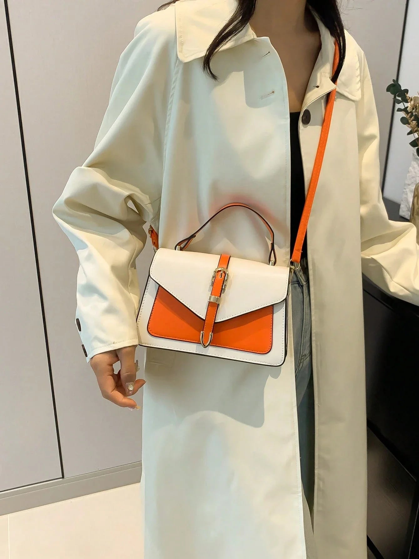 Faux Leather Belt Decor Flap Handbag Shoulder Bag