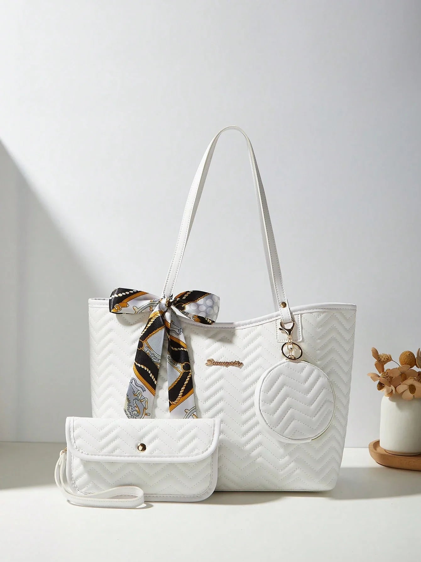 3 PiecesWomen Set: Silk Scarf, Tote Bag, Shoulder Bag, Quilted Clutch, Coin Purse
