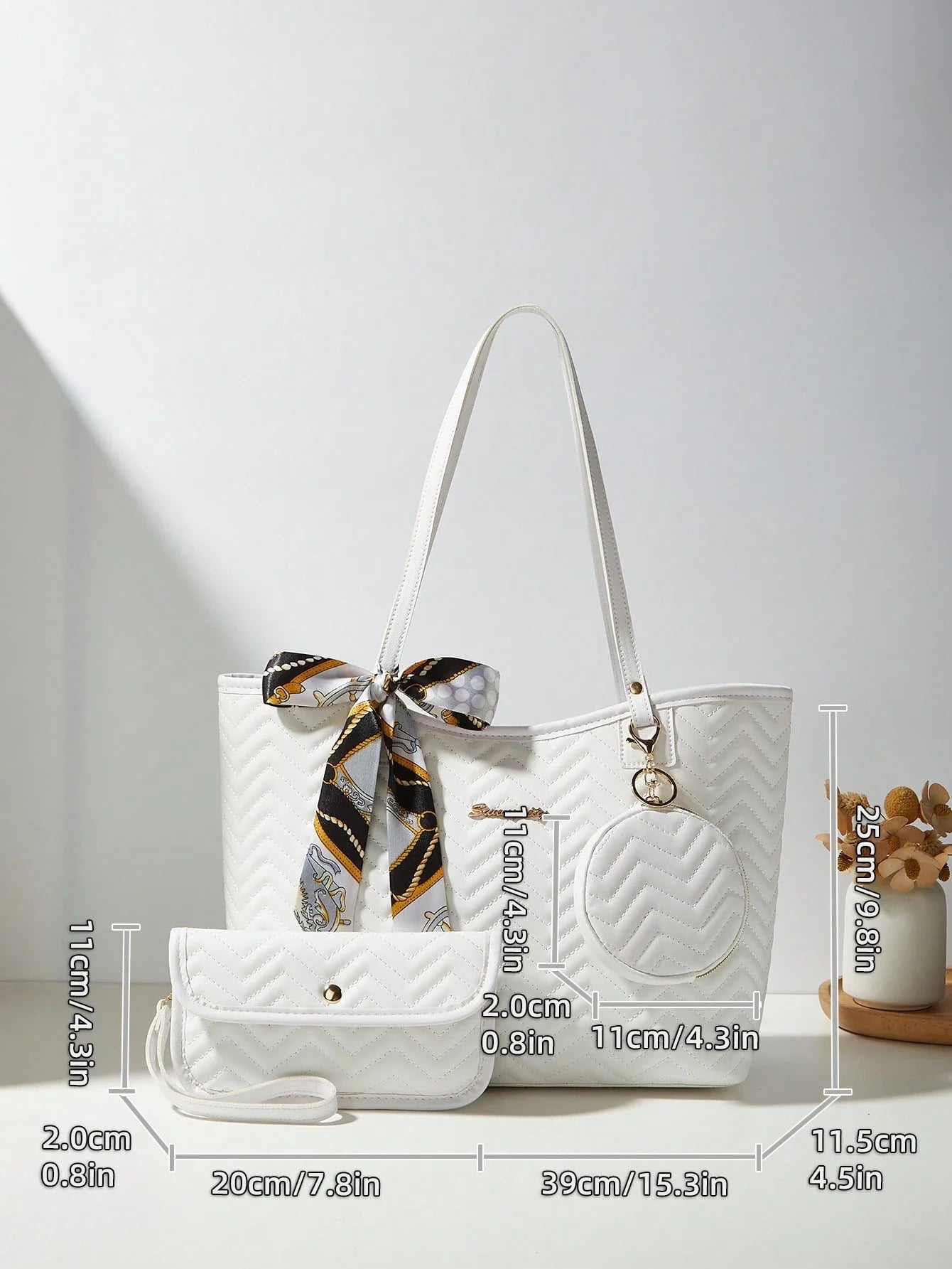 3 PiecesWomen Set: Silk Scarf, Tote Bag, Shoulder Bag, Quilted Clutch, Coin Purse