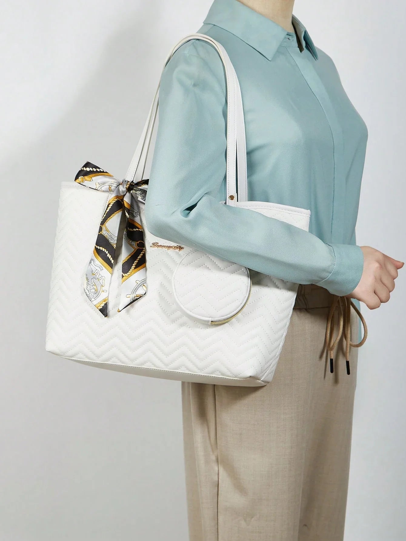 3 PiecesWomen Set: Silk Scarf, Tote Bag, Shoulder Bag, Quilted Clutch, Coin Purse