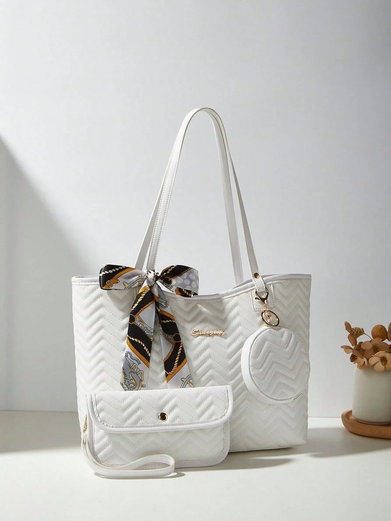 3 PiecesWomen Set: Silk Scarf, Tote Bag, Shoulder Bag, Quilted Clutch, Coin Purse
