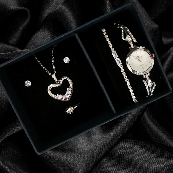 Radiant Elegance 6-Piece Luxury Jewelry Set: Rhinestone Bracelet, Heart Necklace, Earrings, Ring, and Stylish Watch