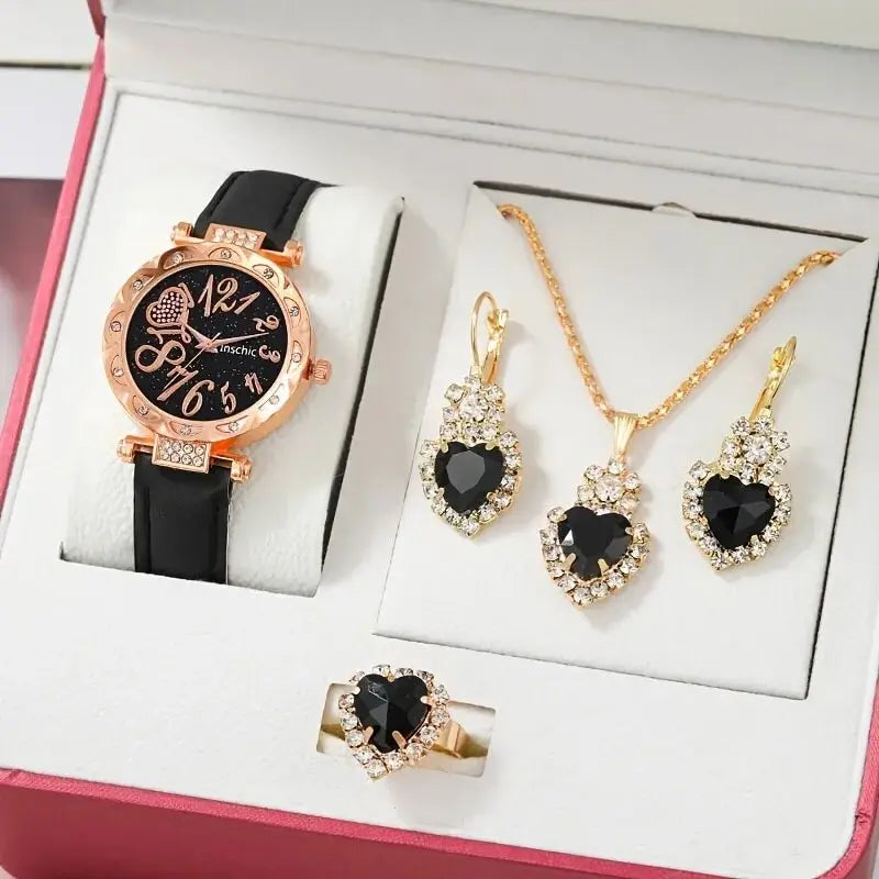 Women Luxury Watch Ring Necklace Earrings Rhinestone Love Dial Fashion Wristwatch Female Casual Ladies Watches Set Clock